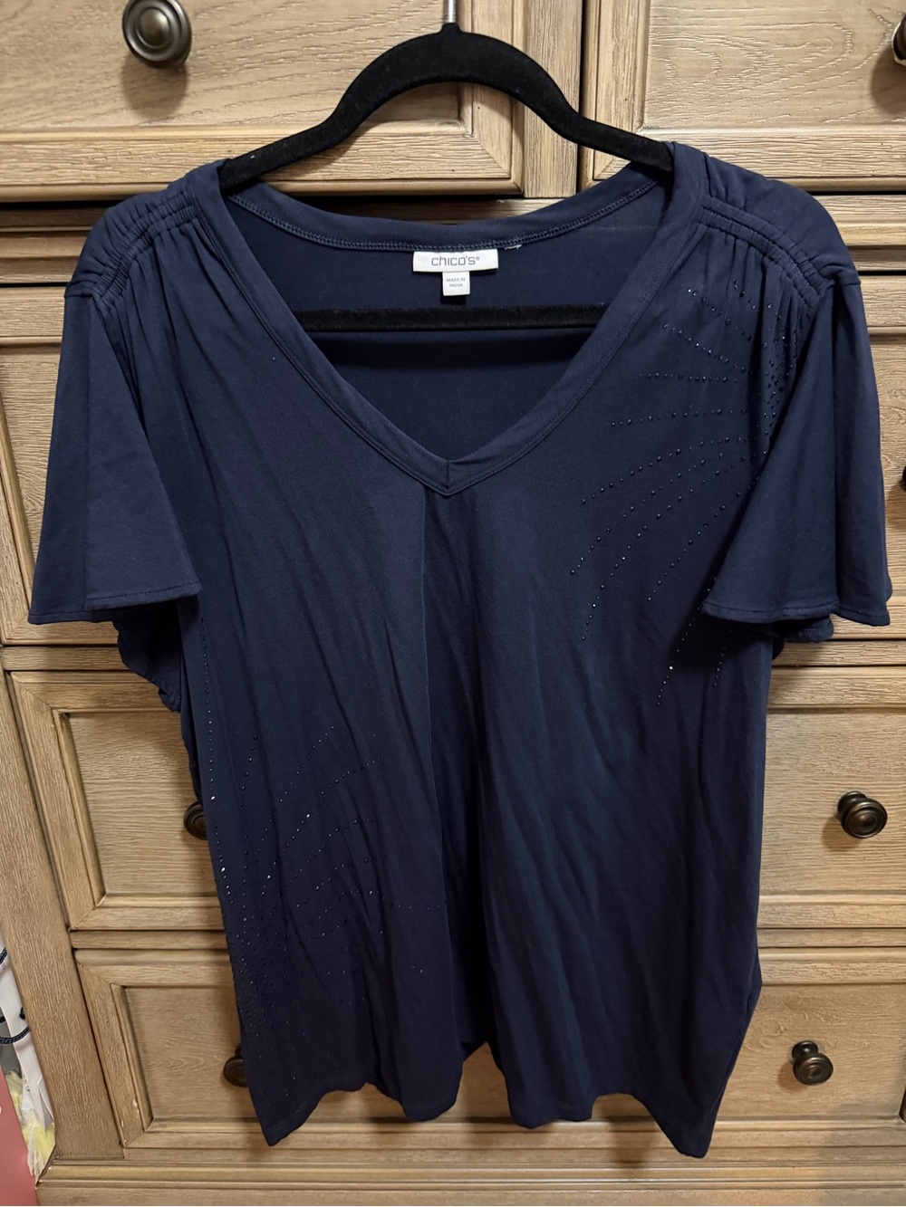Chico's Navy V-Neck Short Sleeve Top with Subtle Stud Detail
